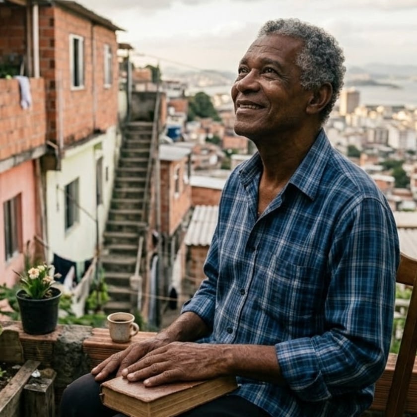 Homem idoso sorri olhando para cima, com um livro no colo, numa comunidade em encosta.