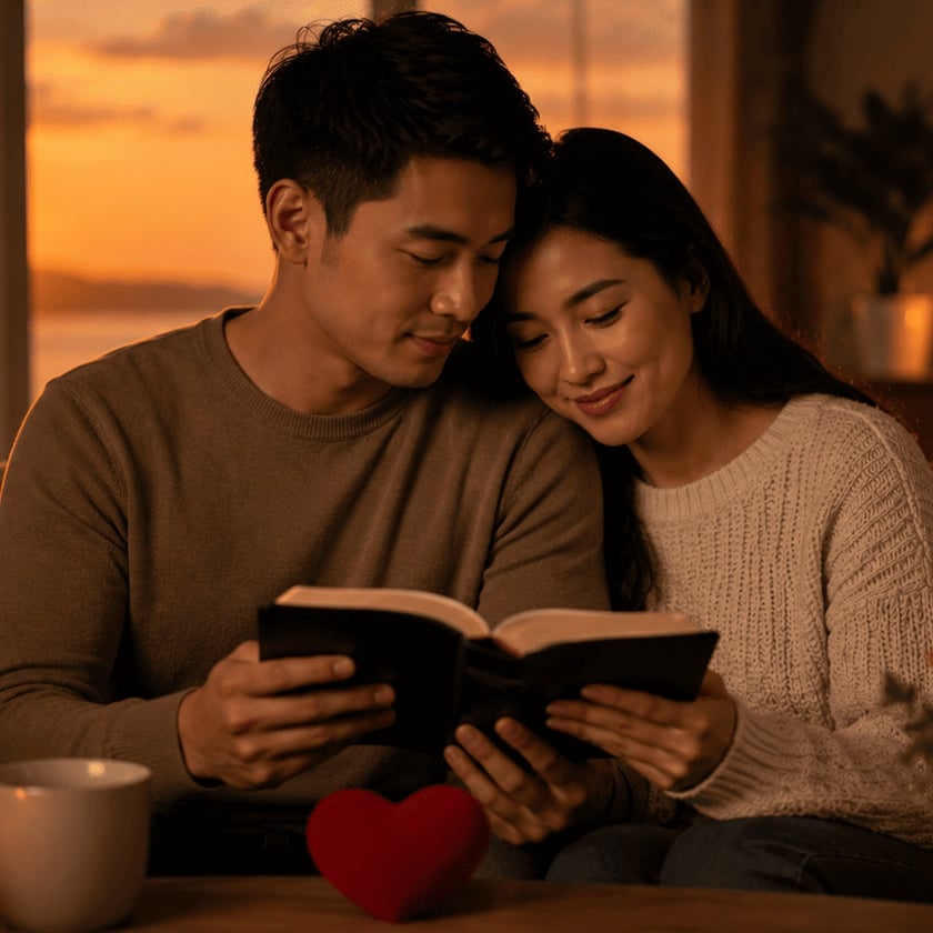 Casal sentado no sofá lê um livro juntos, com o pôr do sol na janela.