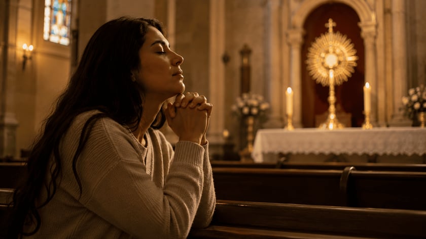 Mulher de olhos fechados e mãos postas reza num banco de igreja diante de um ostensório dourado.