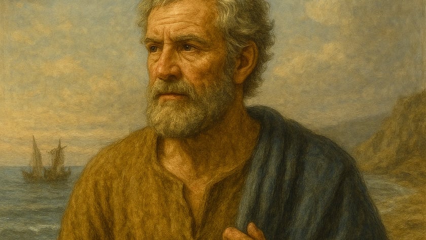 Homem idoso de barba grisalha segura uma grande chave dourada diante do mar e de um barco.