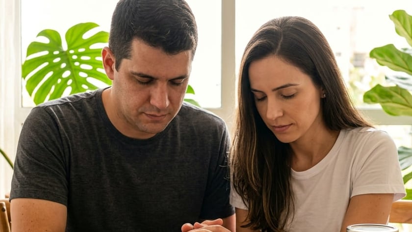 Casal de mãos postas e olhos fechados diante de uma Bíblia aberta e um pote "FAMÍLIA PROVISÃO".