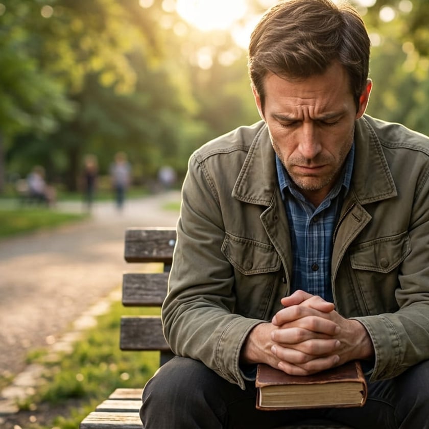 Homem sentado em um banco de parque, de olhos fechados, mãos unidas sobre um livro.