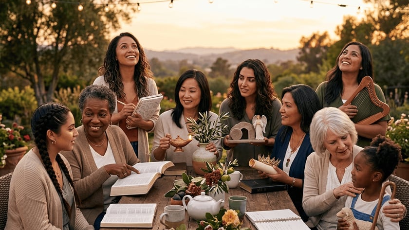 Mulheres diversas e uma menina ao redor de mesa rústica ao ar livre com Bíblias e objetos simbólicos