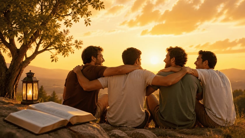 Três homens sentados abraçados numa colina ao pôr do sol, com uma Bíblia aberta e uma lanterna.