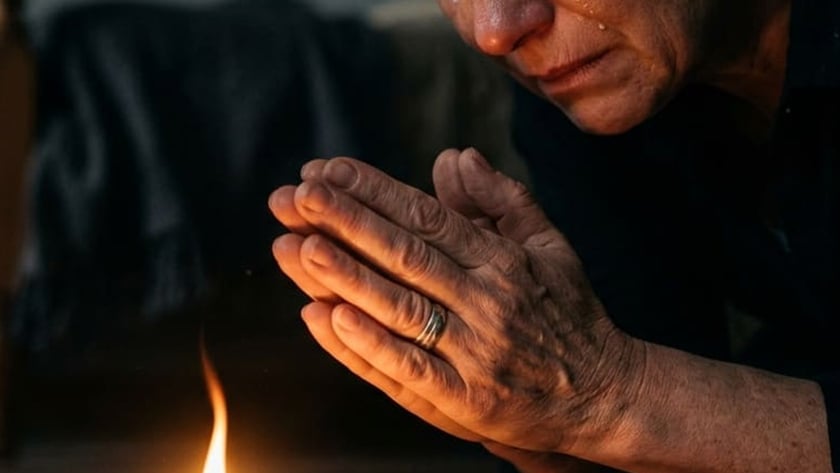 Mulher de mãos juntas e com lágrimas no rosto olha um palito de fósforo aceso.