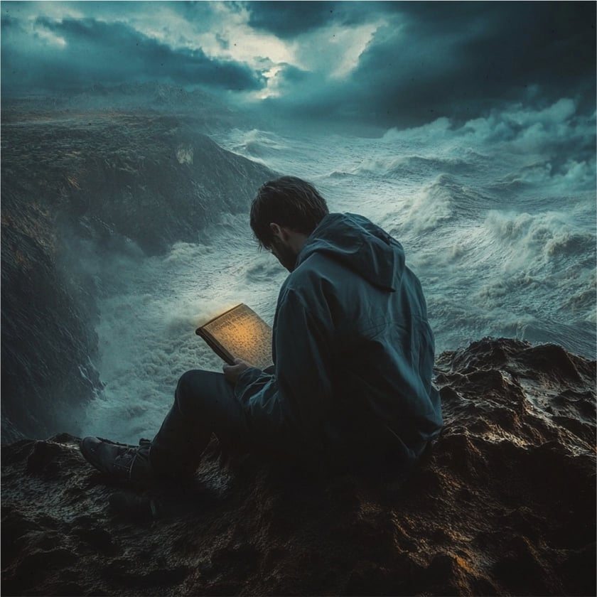 Homem de capuz lê um livro aceso sentado em rochedo diante do mar revolto.