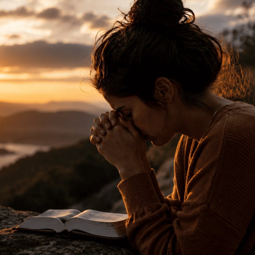 Mulher de mãos unidas e cabeça baixa, ao lado de Bíblia aberta e vela, no topo de um morro.