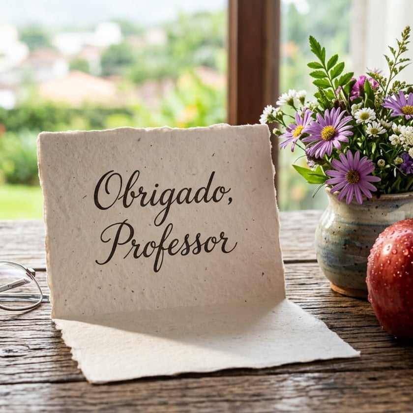 Cartão ao lado de vaso com flores e maçã: "Obrigado, Professor"