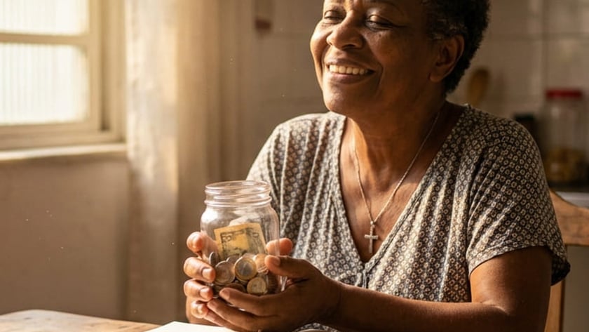 Mulher idosa sorri segurando um pote de moedas, à mesa com uma Bíblia aberta.