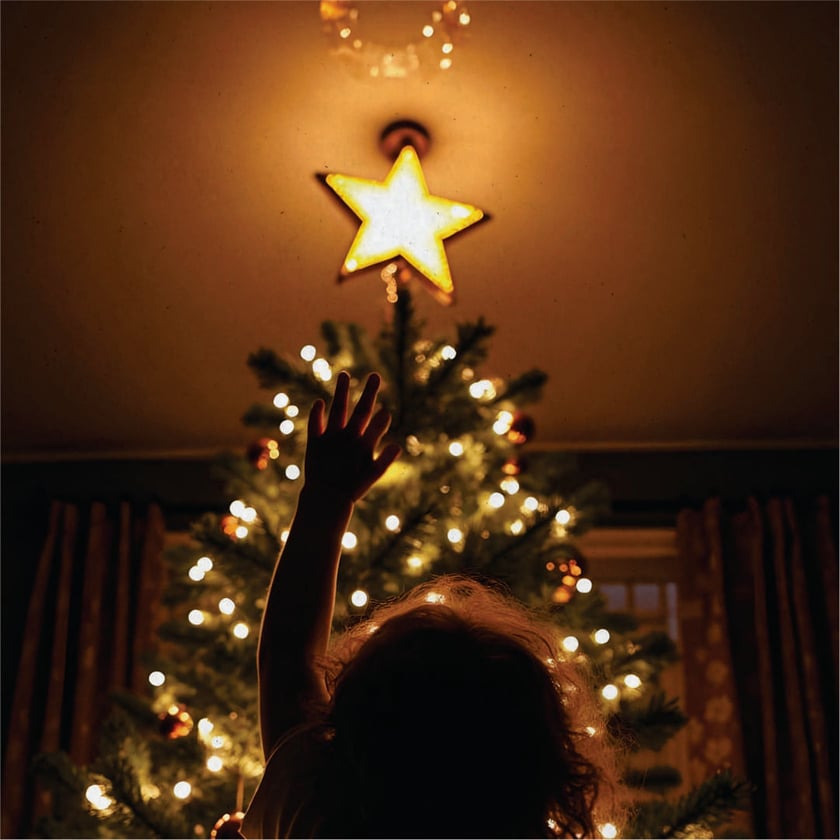 Criança de costas estica a mão em direção à estrela de uma árvore de Natal.