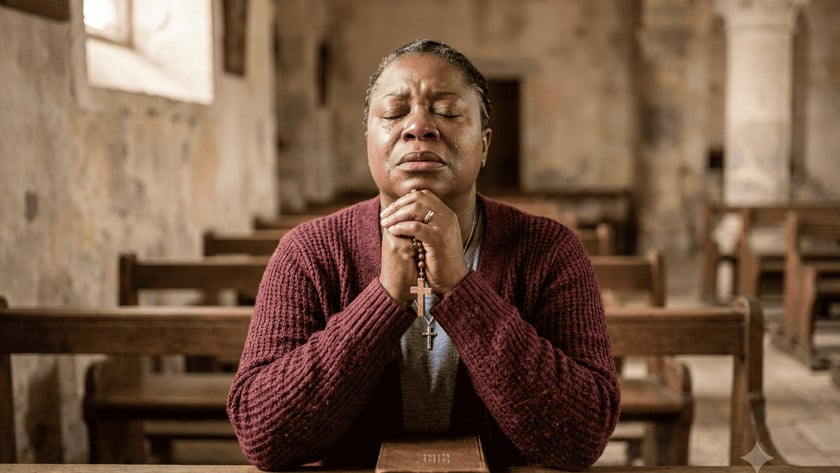 Mulher de cardigã vinho reza com um terço nas mãos em um banco de igreja.