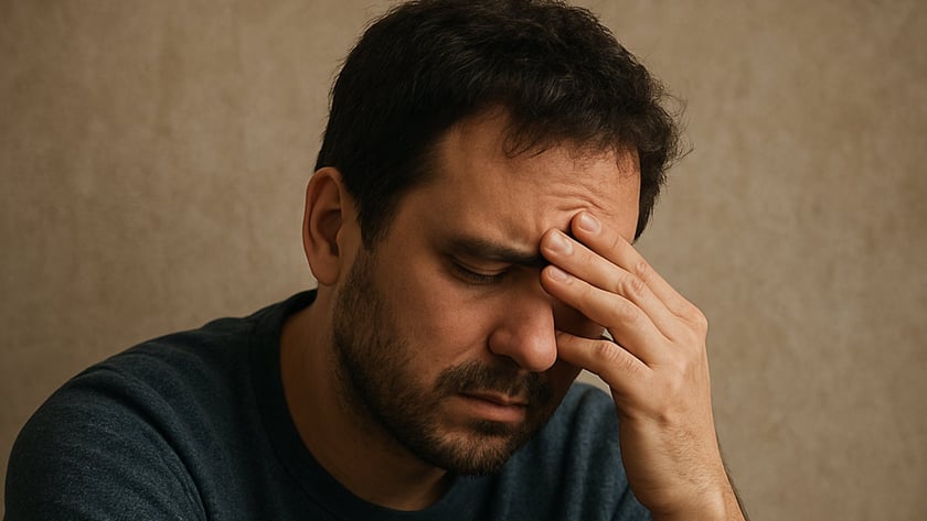 Homem de barba e suéter azul-escuro, de olhos fechados, com a mão na testa.