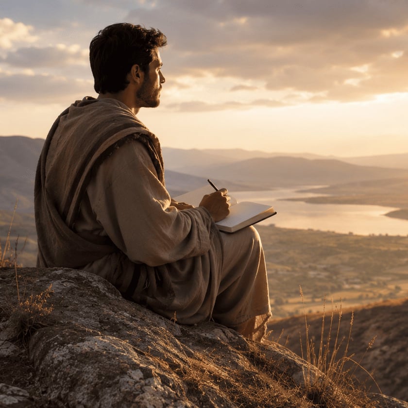 Homem de túnica e manto sentado numa rocha, escrevendo num caderno diante de um vale com rio.