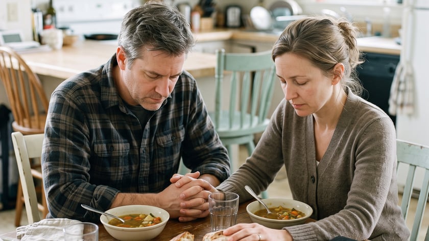 Homem e mulher de olhos fechados rezam à mesa da cozinha, com sopa, pão e uma Bíblia.