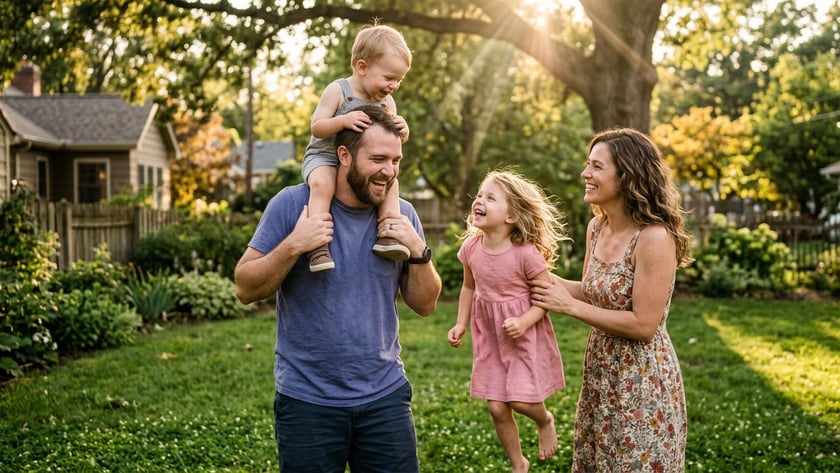 Família brinca em um quintal: pai com menino nos ombros, menina e mãe.