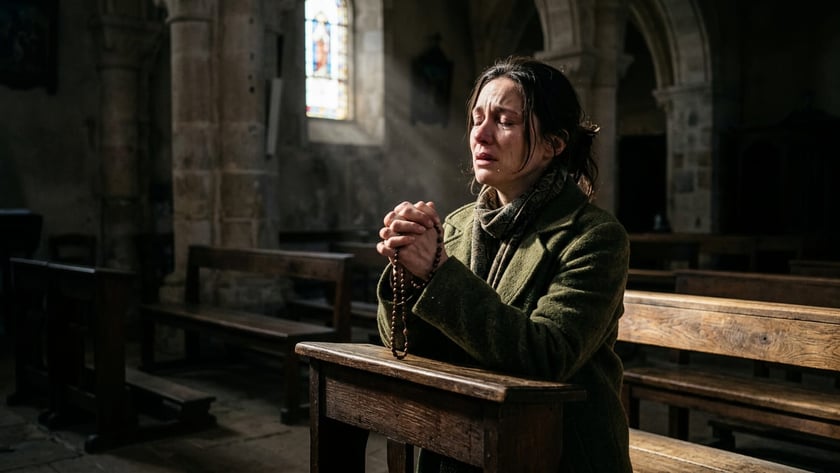 Mulher de casaco verde ajoelhada em uma igreja, com um terço nas mãos, chorando.