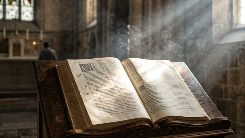 Bíblia aberta sobre estante de madeira entalhada em uma igreja de pedra