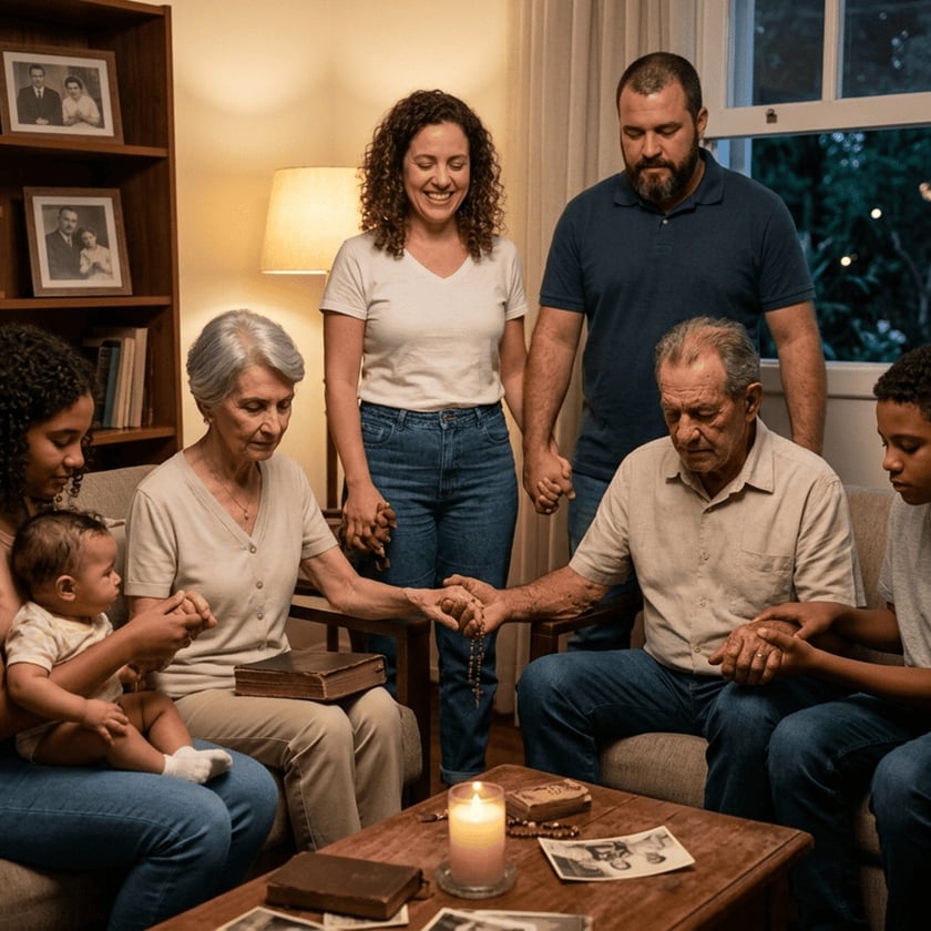 Família de várias gerações de mãos dadas em oração na sala, com vela acesa.
