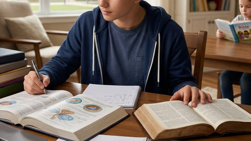 Adolescente estuda à mesa com livros e cadernos, enquanto uma criança lê um livro ao fundo.