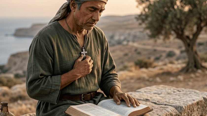 Homem de turbante e túnica verde lê um livro aberto num banco de pedra.