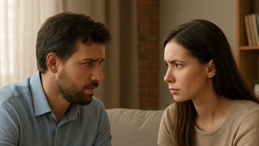 Homem e mulher conversam sentados em um sofá, com uma Bíblia aberta sobre a mesa.