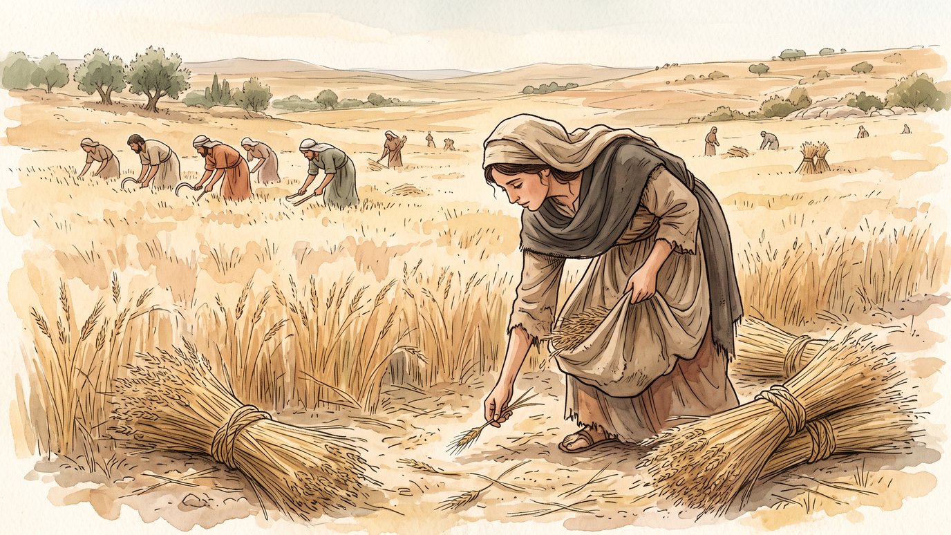 Mulher de manto na cabeça recolhe espigas no chão de um campo, com ceifeiros ao fundo.