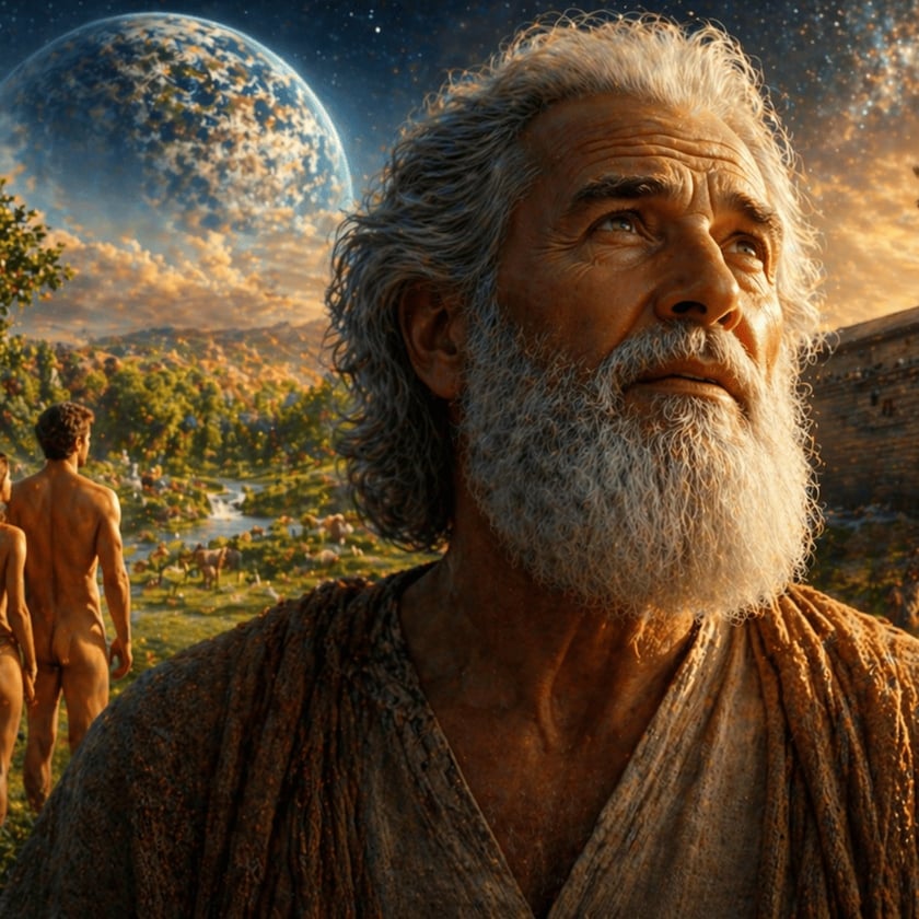 Homem idoso de barba branca olha para o céu, com uma grande arca e animais ao fundo.