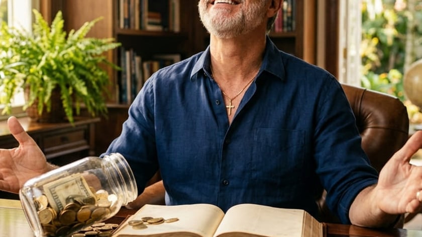 Homem grisalho de camisa azul sorri à mesa, com livro aberto e moedas.