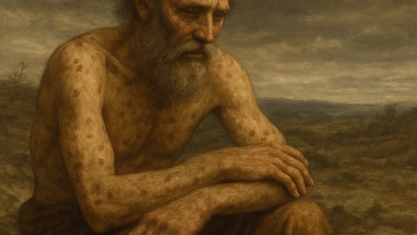 Homem idoso, barbudo e sem camisa, com manchas na pele, sentado em paisagem árida.