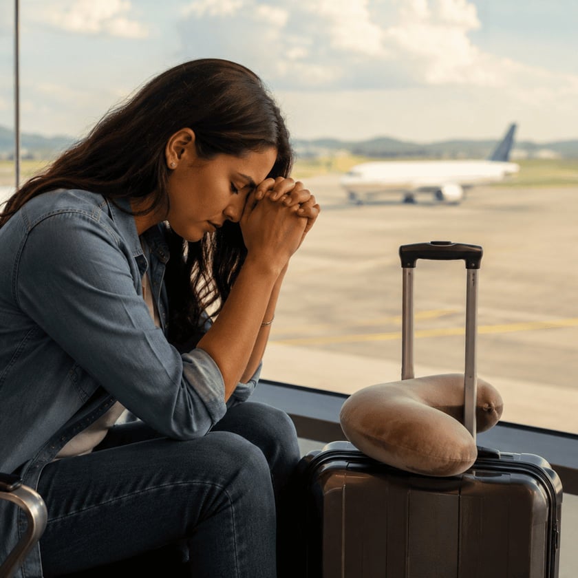 Mulher de cabelo escuro, com as mãos juntas na testa, sentada em aeroporto ao lado de mala.