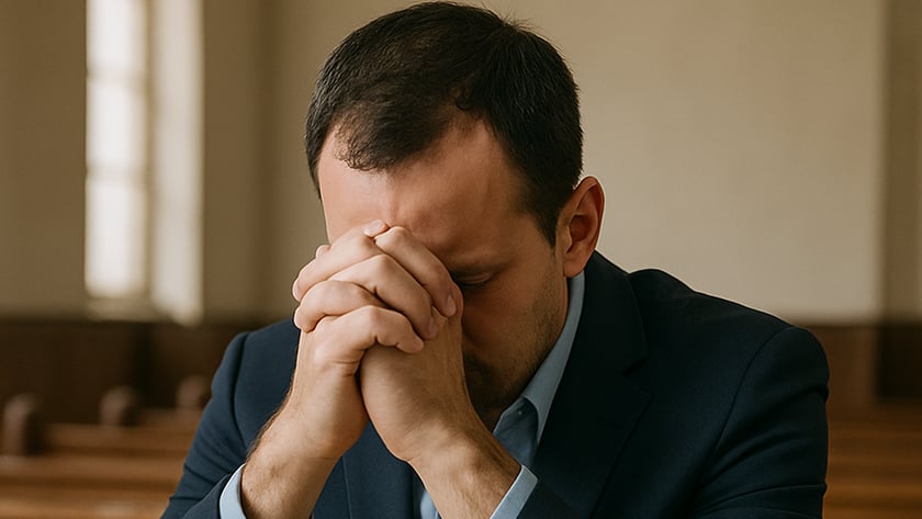 Homem de terno azul-marinho ora com as mãos unidas diante do rosto, sobre uma Bíblia aberta.