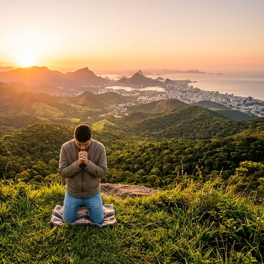 Homem ajoelhado de mãos juntas sobre uma manta, em um morro com vista para cidade e mar.