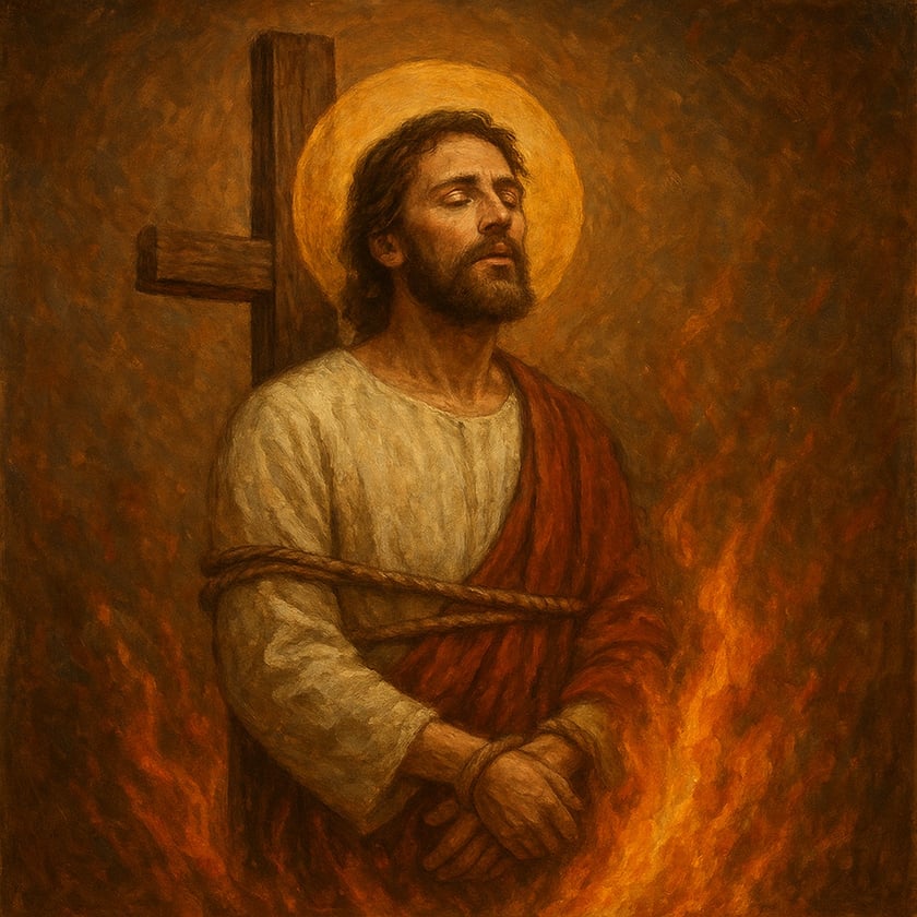 Homem barbudo com auréola, amarrado diante de uma cruz de madeira, cercado por chamas.