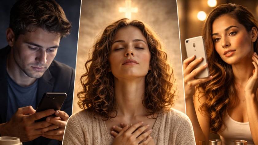 Homem mexendo no celular, mulher rezando com a Bíblia aberta e outra mulher tirando selfie.