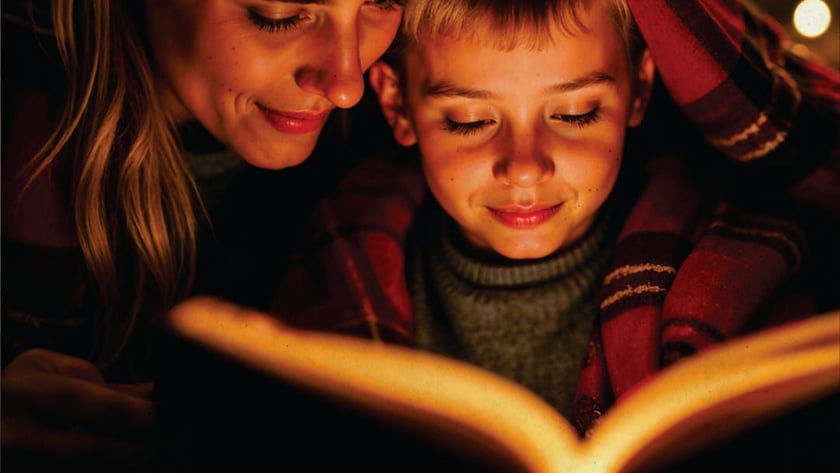Mulher e menino sob manta xadrez vermelha leem juntos um livro aberto.