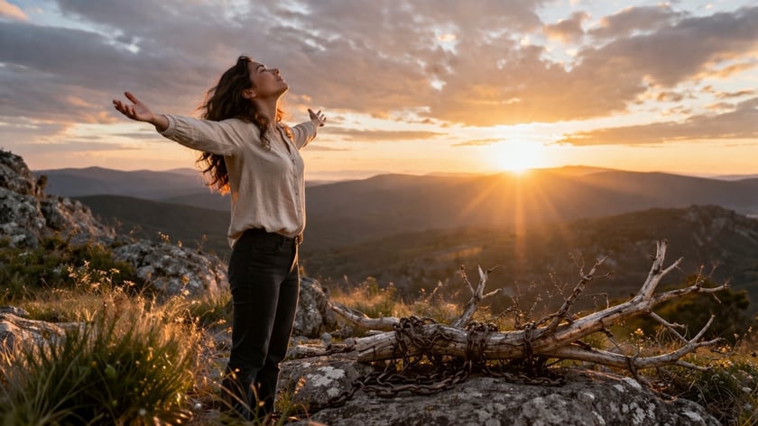 Mulher de braços abertos e rosto erguido em morro ao pôr do sol, com correntes ao lado.