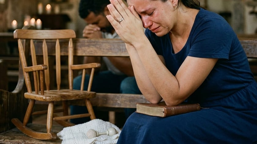 Mulher chora de mãos juntas em igreja, com cadeira de balanço infantil no banco.