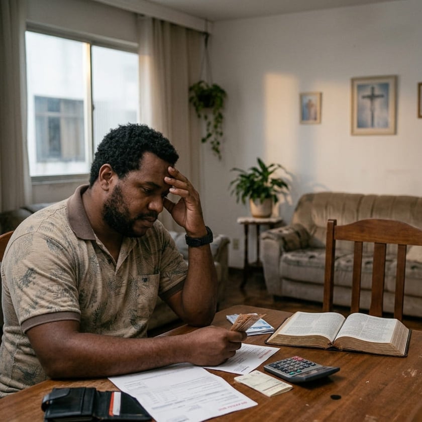 Homem sentado à mesa de madeira, com a mão na testa, olha contas, dinheiro e calculadora.