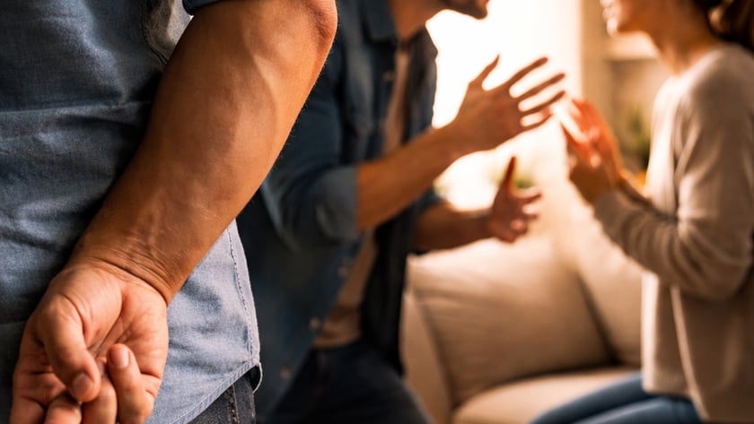 Homem com dedos cruzados atrás das costas, enquanto casal discute na sala
