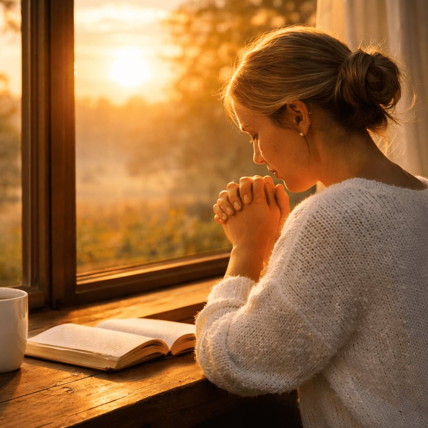 Mulher de suéter branco, de mãos postas, ao lado de livro aberto e caneca junto à janela.