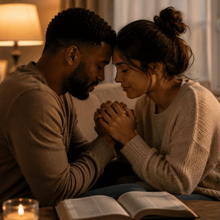 Casal sentado no sofá, com as testas encostadas e as mãos unidas, ao lado de uma Bíblia aberta.