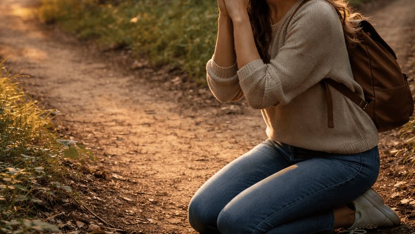 Mulher ajoelhada com as mãos unidas e olhos fechados em uma trilha na floresta.