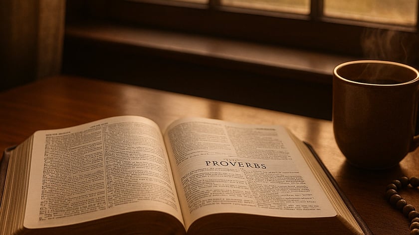Bíblia aberta em Provérbios sobre mesa de madeira, com xícara fumegante e terço ao lado: "PROVERBS"
