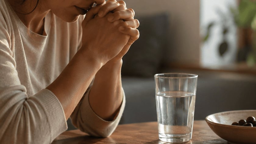 Mulher de olhos fechados e mãos postas, sentada à mesa ao lado de um copo d'água.
