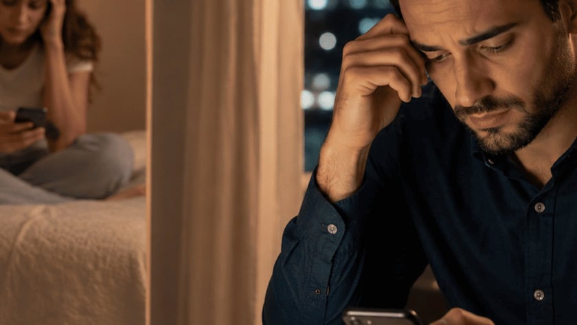 Homem de camisa escura olha o celular à mesa, com a mão na testa.
