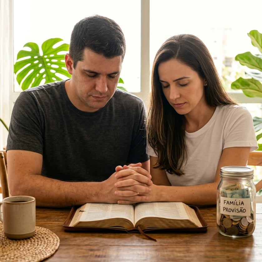 Casal de mãos postas e olhos fechados diante de uma Bíblia aberta e um pote "FAMÍLIA PROVISÃO".
