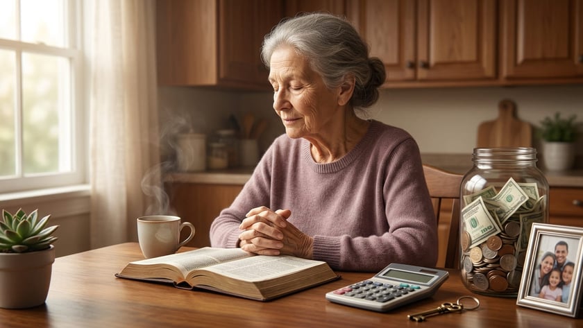 Idosa de olhos fechados e mãos unidas diante de uma Bíblia aberta, na cozinha.