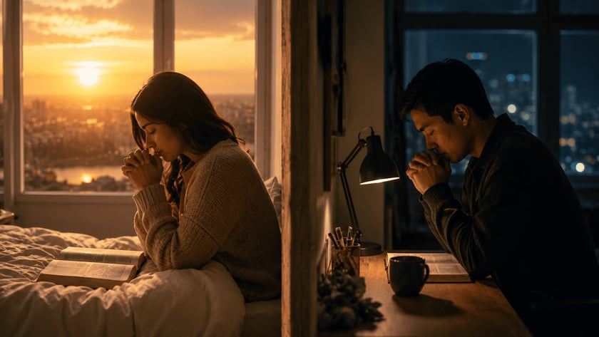 Mulher de cabelo escuro, com as mãos postas, ora num quarto ao pôr do sol.