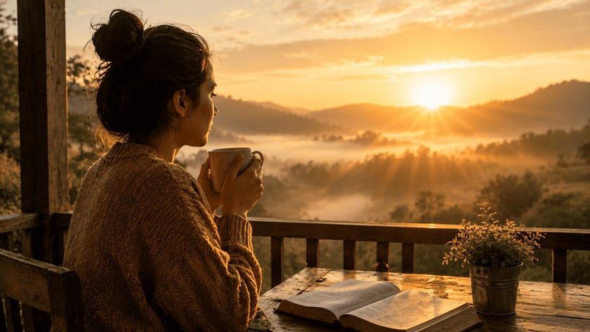 Mulher de coque e suéter segura uma caneca numa varanda, olhando as montanhas ao amanhecer.