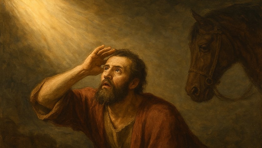 Homem barbudo de túnica vermelha ajoelhado protege os olhos da luz; um cavalo aparece ao fundo.